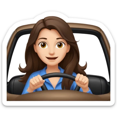 Brunette long hair driving car like crazy. Happy face confidence  sticker