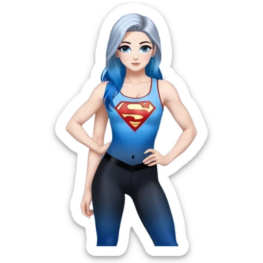 Full body-very very large chest-gorgeous face-black leggings-very long very straight dark blue to light blue ombre hair-and-blue eyes-a lot of black eyeliner-thick long eyelashes-sky blue low cut tanktop with glitter superman logo-silver hoop earrings sticker