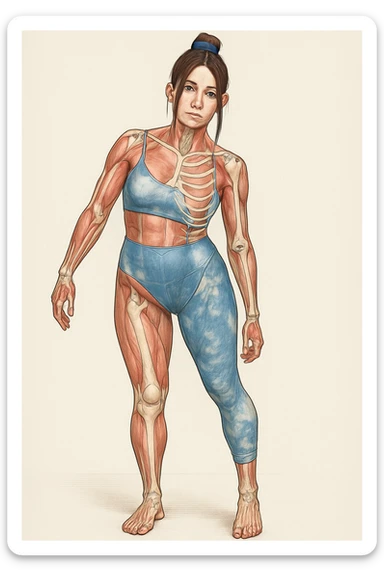 Donna in abbigliamento sportivo, postura asimmetrica, stile medico realistico, muscoli e ossa visibili, evidenzia la compressione delle coste sul lato corto, sfondo neutro, formato verticale. sticker