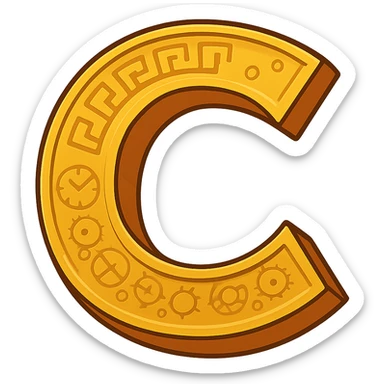 cartoonish letter C, golden and bold, with subtle Greek key patterns and faint clockwork engravings, referencing Chronos, only the letter C, no faces or objects sticker