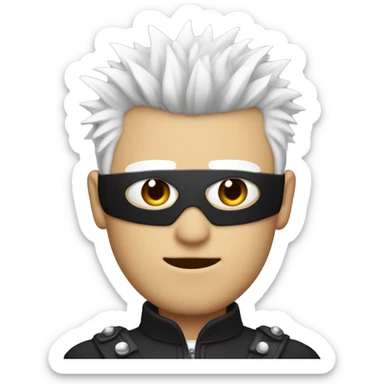 a tall guy with white spiky hair and a blindfold with a black jacket  sticker
