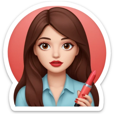 Con el cabello castaño más largo y ojos fajes claro sosteniendo un labial de kylie jenner sticker