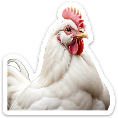 Cinematic Noble White Chicken Portrait Emoji, Poised and regal, with a compact, sturdy build and a pristine, well-groomed pure white plumage, deep-set soulful beady eyes, Simplified yet sharp and sophisticated features, highly detailed, glowing with a soft, dignified glow, high shine, intelligent and alert, stylized with an air of barnyard elegance, focused and attentive, soft glowing outline, capturing the essence of a watchful and confident fowl, so majestic it feels as though it could strut out of the screen with effortless authority! sticker