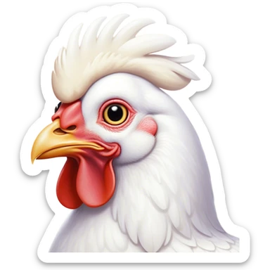 Cinematic Noble White Chicken Portrait Emoji, Poised and regal, with a compact, sturdy build and a pristine, well-groomed pure white plumage, deep-set soulful beady eyes, Simplified yet sharp and sophisticated features, highly detailed, glowing with a soft, dignified glow, high shine, intelligent and alert, stylized with an air of barnyard elegance, focused and attentive, soft glowing outline, capturing the essence of a watchful and confident fowl, so majestic it feels as though it could strut out of the screen with effortless authority! sticker