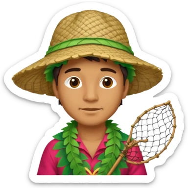 Hawaiian man with leaf hat and fishing net and colorful cloth sticker