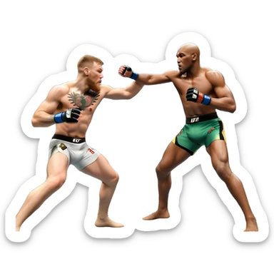 An MMA showdown between Conor McGregor and Anderson Silva in the octagon. McGregor is executing a powerful jumping strike, while Silva is expertly blocking the attack with his forearm. The background features the UFC octagon, fans in the distance, and dynamic action. Transparent background sticker
