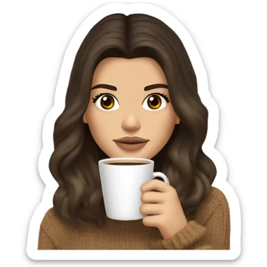 brunette Kendall Jenner with soft and long and Dark blonde hair her eyes brown and sipping coffee Her hair is wavy and shiny With brown sweater just one  sticker