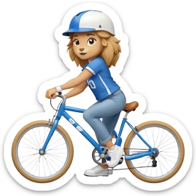 friendly anthropomorphised female lion wearing a baseball shirt, jeans, trainers, and a cycling helmet, cycling a bike sticker