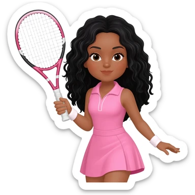 Tennis girl with long black curly wavy hair With pink dress and racket And light tan skin sticker