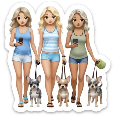 Three pretty women in beach clothes walking 2 dogs, blue and gray spotted Merle Frenchie and walking a black with tan chihuahua puppy, holding iPhone, hazel eyed light skin with dark blonde long hair and light light skin hazel eyed long wavy brown hair, blue eyed light skin long blonde hair  sticker