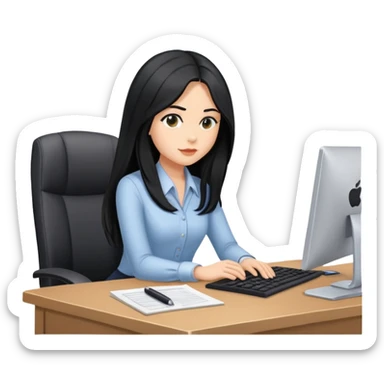 Secretary black long hair light medium skin sitting at desk on computer  sticker