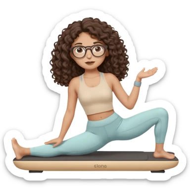 Memoji-stylegirl with long dark brown curly hair, round glasses, large brown eyes, soft rounded face, warm beige skin tone, wearing neutral Pilates activewear, calm wellness aesthetic, pastel colors, sticker-style digital illustration, smooth shading, white outline,reformer pilates doing. sticker