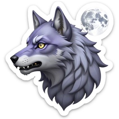 Cinematic Noble Werewolf Portrait Emoji, Formidable and majestic, with a powerful lupine silhouette in moonlit grays and silvers, featuring piercing, wise eyes and a dignified snarl that hints at untamed strength, simplified yet intricately detailed, glowing with a soft, lunar outline that encapsulates the noble duality of feral instinct and loyal guardianship! sticker