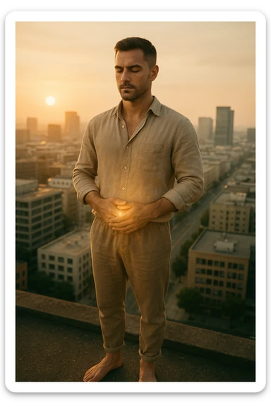 A cinematic portrait of a calm and composed man in his mid-30s, with light stubble and a defined jawline, standing alone on a rooftop at sunrise overlooking a quiet modern city. He’s wearing minimalist, earth-toned clothing — a linen shirt loosely buttoned, neutral joggers, barefoot. His hands rest gently over his abdomen in a meditative posture, eyes half-closed, reflecting clarity and focus. The early morning light bathes his face and body in soft gold, symbolizing renewal and healing. Around him, the city is still asleep, with only faint traces of life below. The air feels clean and silent. Subtle glow effects radiate gently from his chest and abdomen, suggesting internal regeneration. 35mm film style, shallow depth of field, realistic human textures and cinematic color grading with warm and natural tones. sticker