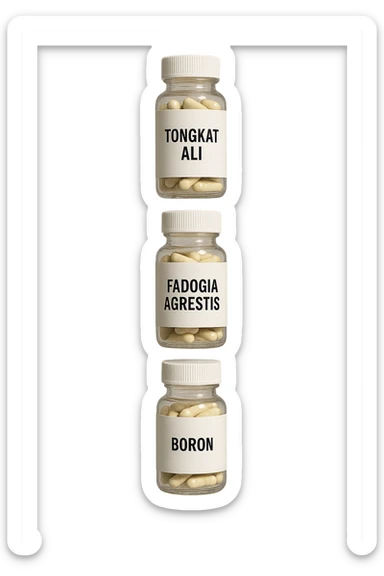 4 boccette di integratore: Tongkat Ali, Fadogia Agrestis, Boron e Zinco fluttuano in aria verticalmente sticker