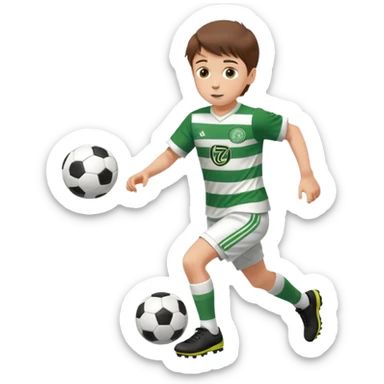 Celtic footballer jersey logo  6 years old brown hair white boy , brown eyes , stripes uniform , RUNNING  with soccer ball is number  17 celtic football logo  ONE CELTIC LOGO ONLY white shorts sticker