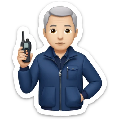 Security, Middle-aged, wearing navy blue jacket, serious facial expression, holding walkie-talkie, full body sticker