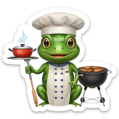 create a weber grill with frog whos wearing chefs hat and cooking on bq sticker