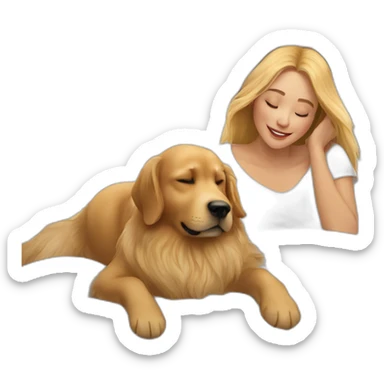 Woman in white bed cuddling one golden retriever sticker
