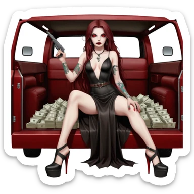 Lilith symbol red eye seductress evil long brown haired sexy succubus woman with leather long dress with slit, sitting in Big Large F350 pickup truck. Black Platform high heels on feet. Tattoo sleeve arms, seat full of stacks of cash, and a man dead human skull of her enemies and a gun in other hand sticker