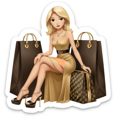 Lilith symbol light brown eyes. Woman of justice and power. Shoulder  length blonde haired  woman with Gucci, and designer bags next to her. Wearing long elegant dress with slit, sitting on a pile of gold and diamonds on her. Black Platform high heels on feet. designer bags around her.  sticker