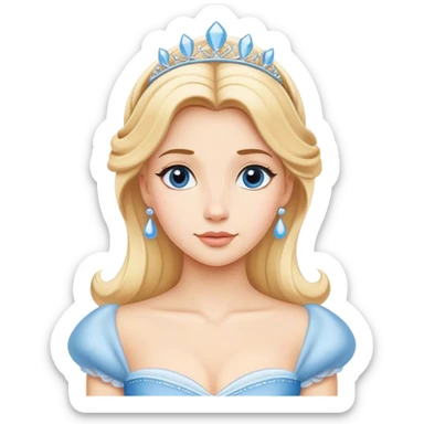 Cinematic Timeless Cinderella Portrait Emoji, rendered in a realistic, simplified vector style. Depict a classic Cinderella with delicate fair skin, beautifully styled blonde hair, and a calm, content expression, dressed in her iconic gown. The design is highlighted by a soft glowing outline and gentle, enchanting luminosity, capturing the essence of pure fairy-tale elegance. sticker