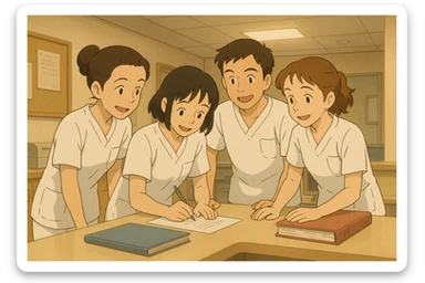 Four nursing students modeled after photos, collaborating in a care station with team spirit, Ghibli style. White uniforms with V-neck tunics, short sleeves, left chest pocket, no classic collar, no accessories or clothing under sleeves. Soft hospital decor and spirit of mutual aid. sticker