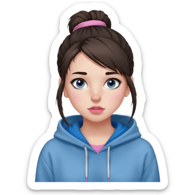 Create a teenage girl with straight brunette hair pulled into a messy bun, pale skin, light freckles, and blue-grey eyes. She will have pink lips and long black eyelashes. She will be wearing a big black hoodie. sticker