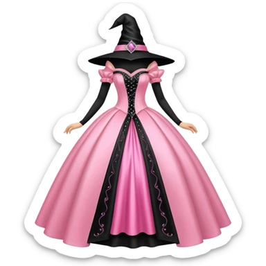 big pink sparkly princess style ball gown and next to it is a black witches hat sticker