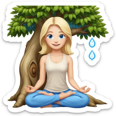 blonde white woman with blue eyes and a big smile meditating next to a tree sticker