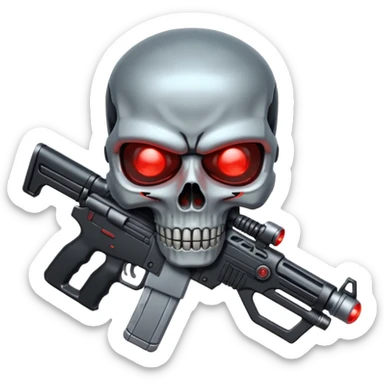 Sci-fi shield badge, terminator style skull, glowing red eyes, crossed futuristic assault rifle and energy sword, no background sticker