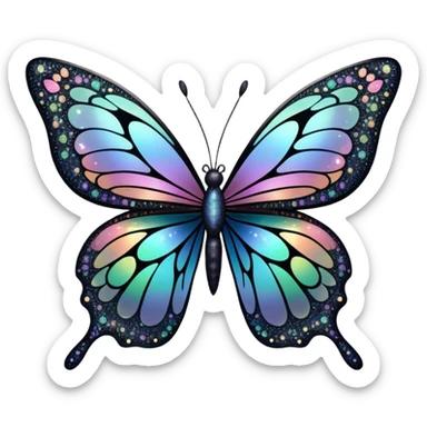 Pastel sparkly black glittery iridescent rainbow transparent butterfly with detailed intricate patterns sticker