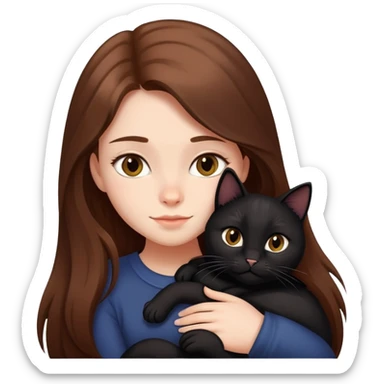 A girl with long brown hair hugs a black cat tightly sticker