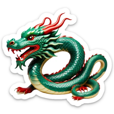 Cinematic Noble Chinese Serpent Dragon Portrait Emoji, Poised and majestic, with a sinuous, serpentine body adorned in intricately detailed scales of shimmering jade and soft vermilion, accented by delicate cloud motifs and subtle water ripple patterns; rendered with lifelike texture and gentle natural highlights, high shine, wise and enigmatic, styled with an aura of ancient dynastic grace, focused and regal, soft glowing outline, capturing the essence of a revered celestial dragon that appears ready to glide gracefully through the mists of time! sticker