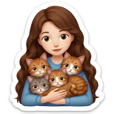 girl with long wavy brown hair snuggling 6 cats sticker