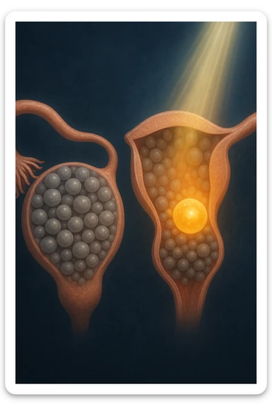 Scientific visualization of a polycystic ovary transforming. The ovary, initially filled with many small, dormant follicles like a cluster of grey pearls, begins to be nurtured. A focused, gentle light and nutrient-rich energy encourage one dominant follicle to mature and glow with a healthy, golden light, symbolizing successful preparation. sticker