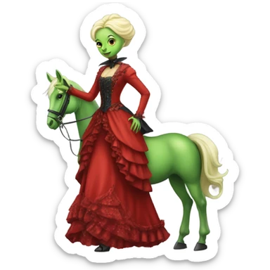 "galora green blonde alien woman" in red Victorian dress elegant, full body, winged horse sticker