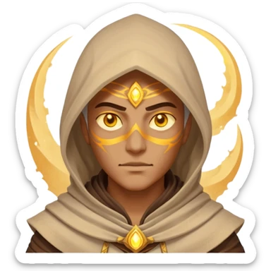 desert sand mage portrait, head and shoulders only, mystical hood, swirling sand aura, glowing eyes, fantasy vibe, 3D cartoon, mobile game icon style, clean background, no text, no watermark
 sticker
