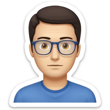 a young man around 30 years old, dark brown eyes, with dark brown hair, longer rectangular face, longer jaw, light yellow skin color, small eyes with rectangle shape glasses, without beard, no forehead wrinkles, wear deep blue shirt sticker