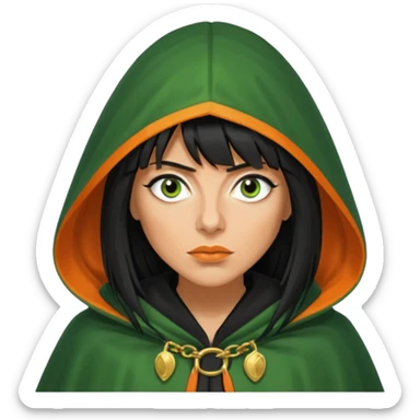 claudia winkleman with a heavy fringe and an orange tan as a traitor with a green hooded cloak with a gold clasp and dark black eyeliner sticker