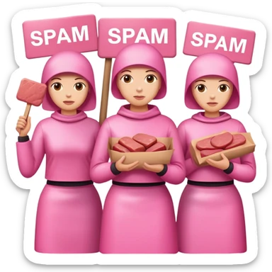 artists in pink protesting for spam meat sticker