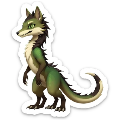 Brown and beige badass elegant wild beautiful natural cute badass epic exotic anthro modern furry 2-legged sergal-vernid-creature, full body, dark-brown-black-gradient pretty hair, with a long tufted tail, green eyes, aesthetic, art by LiLaiRa, art by art by Falvie sticker