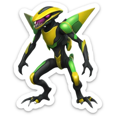a shiny black-yellow-green Genesect-Raptor-Fakémon—hybrid with a futuristic visor-helmet full body sticker