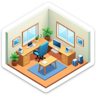 An isometric 3D room with two walls that meet at the back left and right and a Window. Home Office sticker