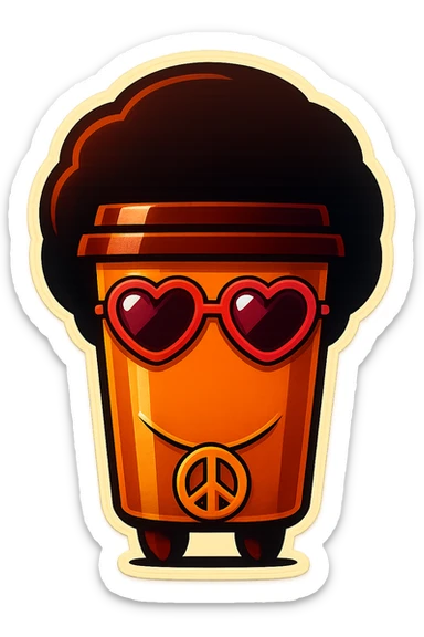 Tall coffee cup, no mouth, afro, heart glasses, peace sign necklace sticker