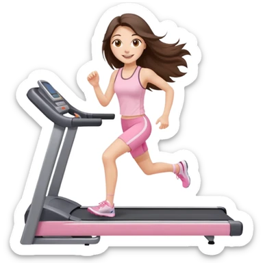happy long haired brunette girl hazel eyes in light pink on treadmill  sticker