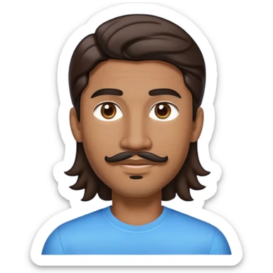 Apple-style emoji of young man with medium brown skin, mixed-race ethnicity, long wavy dark brown hair with perfect center part, cartoon-like stylized appearance, mustache separated from goatee, medium brown eyes, small diamond stud earrings, head only with no shoulders or neck sticker