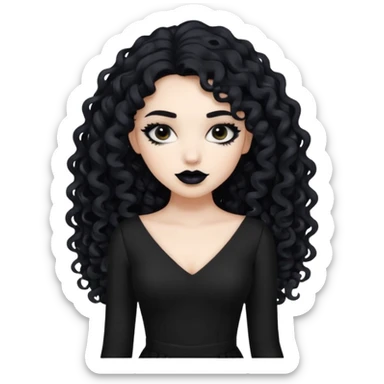 long black curly hair with white skin black dress and black lipstick sticker