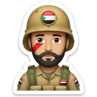 A tired and sad, swarthy Iraqi soldier with a beard, an Iraqi flag on his helmet, a sad expression and bags under his eyes sticker