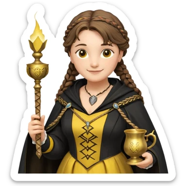 Helga Hufflepuff,the Hogwarts founder of Hufflepuff,brown-haired,2braids,yellow-black medieval dress with black cloak decorated with gold braiding,flickering magic wand and tiny two-handled shiny gold cup engraved with the badger silhouette,very kind smile,curvy busty sweet sticker
